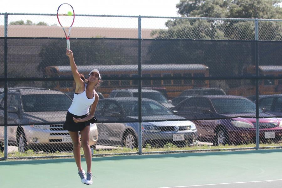 Priyal+Patel+16+serves+against+Bowie+High+School.