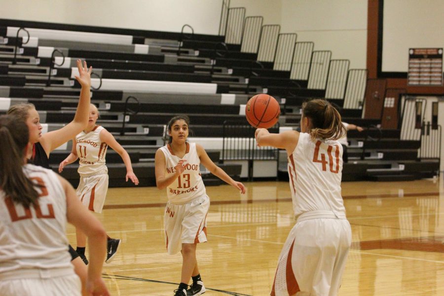 Sonali Dayal 19 and Lily Swank 19 pass the ball around trying to find an open shot.