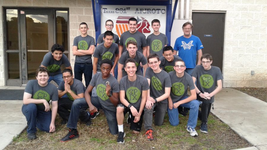 Donning+their+CyberPatriot+shirts%2C+AFJROTC+CyberPatriot+members+pose+outside+the+AFROTC+building.+Photo+courtesy+of+AFJROTC.