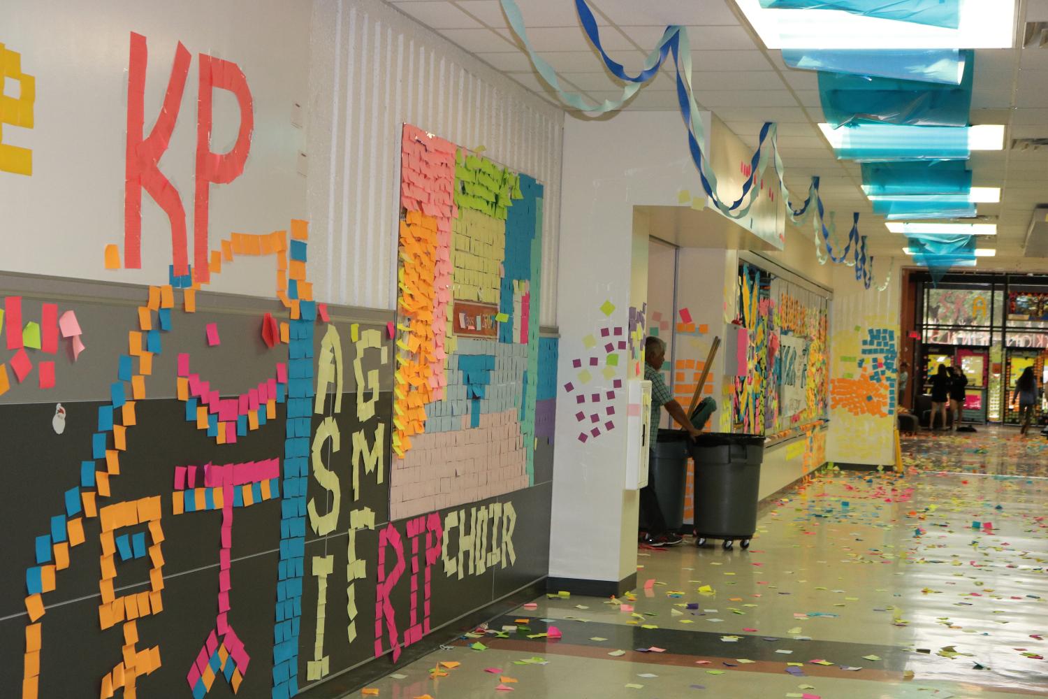 The senior class prank leaves the hallways riddled with sticky notes. 