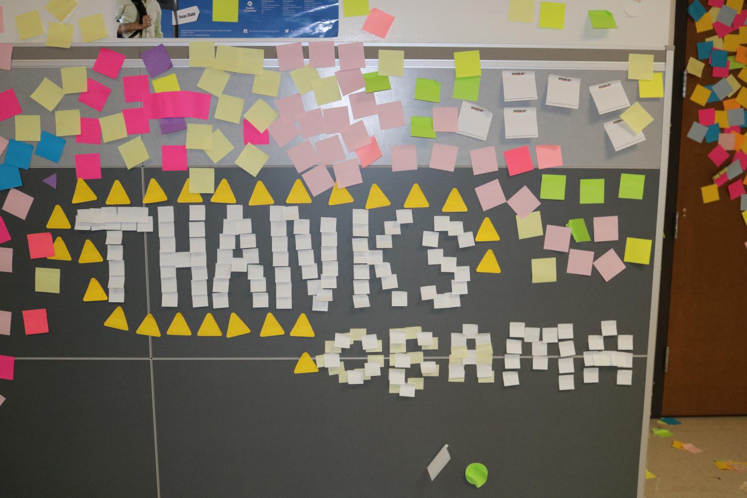 Sticky notes display the phrase Thanks Obama. 