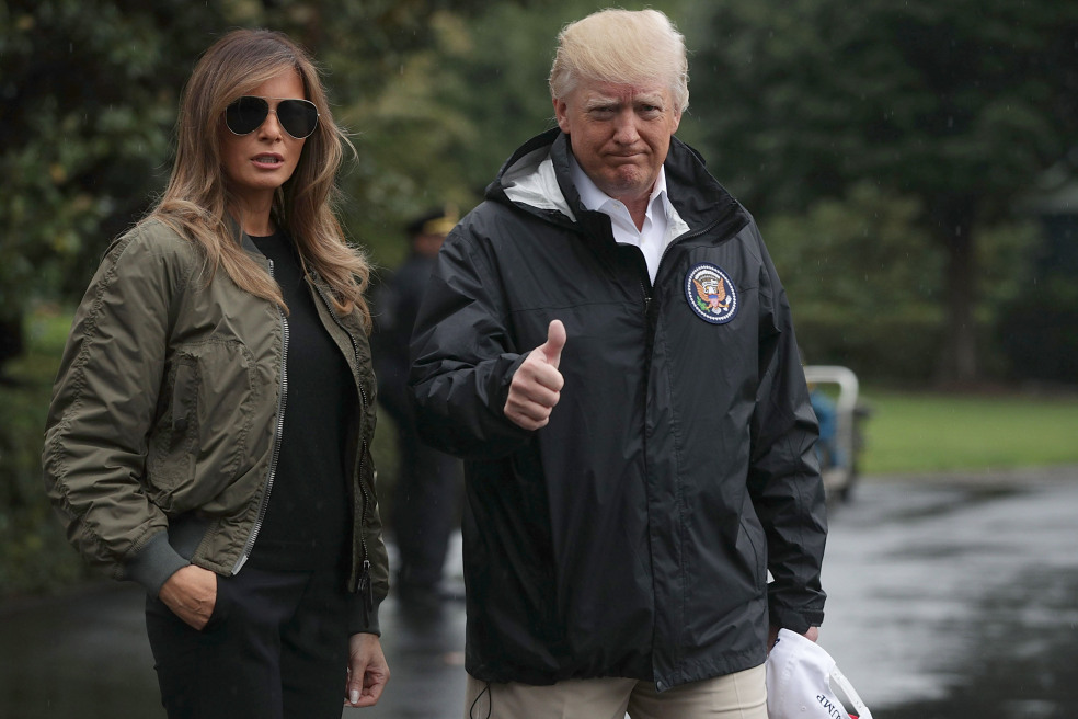 WASHINGTON, DC - AUGUST 29:  U.S. President Donald Trump gives a thumbs up as he walks with first lady Melania Trump prior to their Marine One departure from the White House August 29, 2017 in Washington, DC. President Trump was traveling to Texas to observe the Hurricane Harvey relief efforts.  (Photo by Alex Wong/Getty Images)