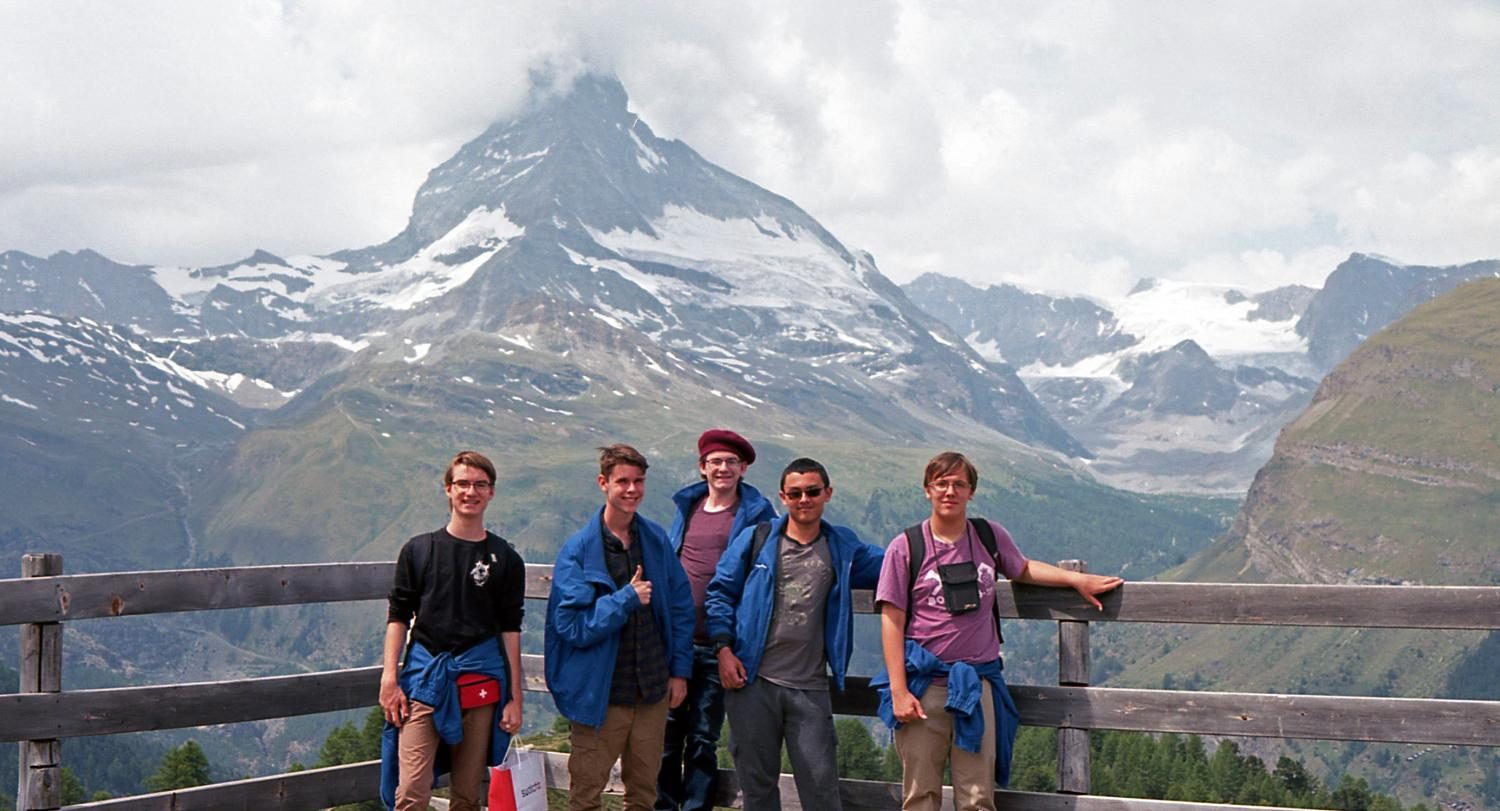Lyle Moss ‘20 and Nathaniel Thomas ‘20 stand on top of Mount Gornergrat in Switzerland, along with other Texas band students. (Photo courtesy of Nathaniel Thomas)