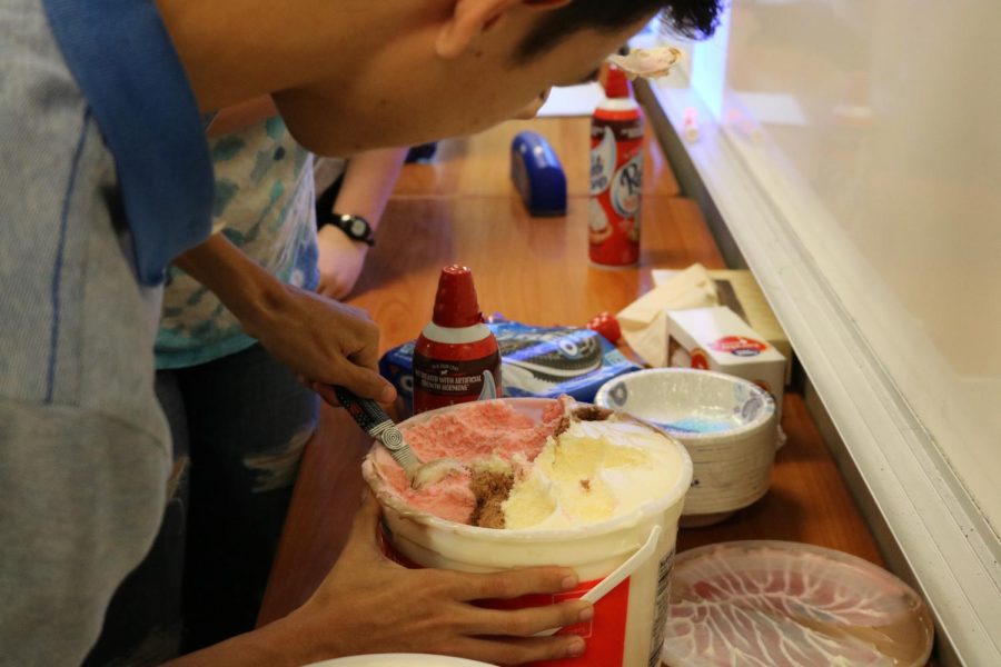 Club members dig into gallon of Neapolitan ice cream.