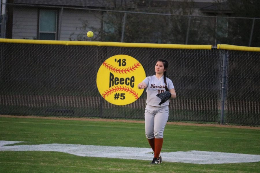 Mia Kuge 20 throws the ball back to the infield. 