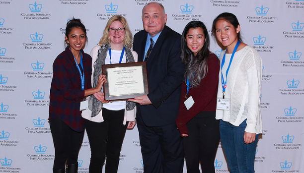 Shreya Dasari 17, Ms. Lanie Catuogno, Jenny Xu 19, and Emily Lu 19 hold their Silver Crown and stand with CSPA Executive Director Edmund Sullivan. Photo credit to CSPA.