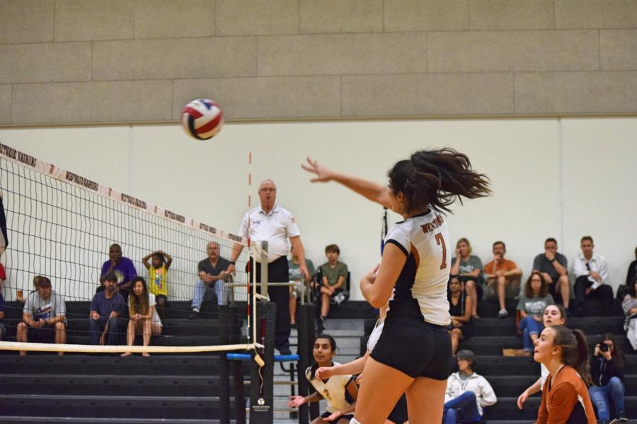 Isabel Garcia '22 hits the ball over the net.