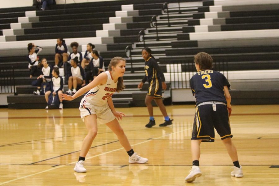 Peyton Halley 21 guards against a Stony Point opponent. 