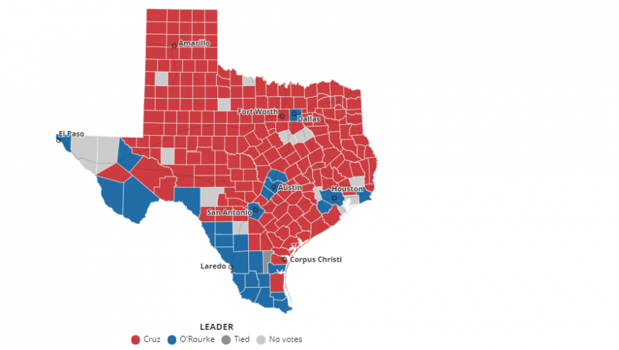 Map+displaying+election+results+by+county+in+Texas+as+of+11%3A00+p.m.+Nov.+6.