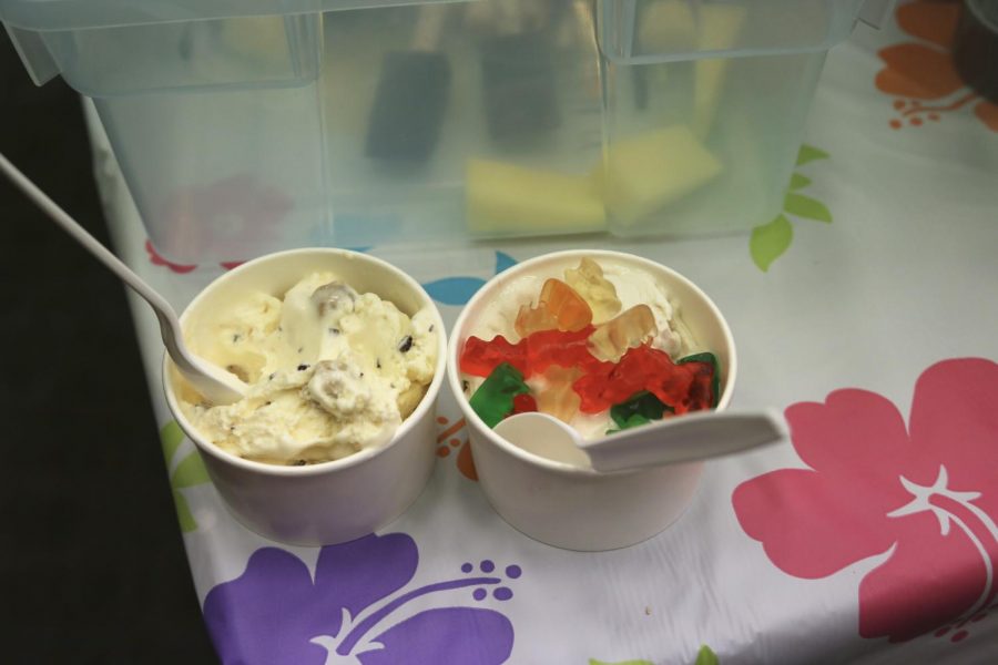 The ice cream on the left is Cookies and Cream, and the ice cream on the right is Mexican Vanilla topped with gummy bears. This was one of the few of the options for this social.