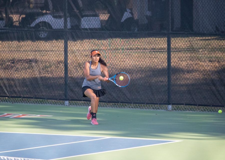 Running to return the ball on the backhand side, Kinjal Khatri '20 gracefully wins the point. Unfortunately, she fell short in her match and lost in two 6-0 sets. 