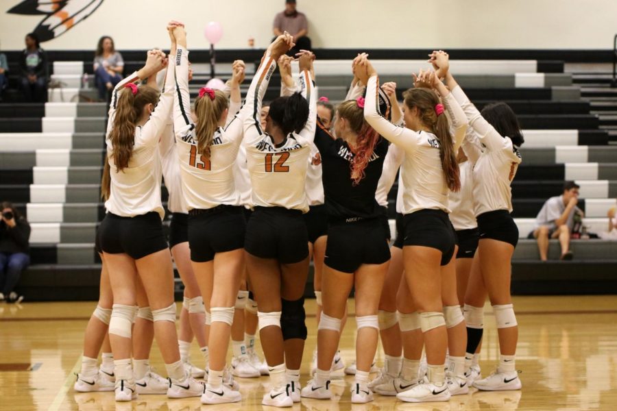 The Lady Warriors raise their arms in their pre-game ritual. The Lady Warriors played the McNeil Mavericks in the Dig Pink game which raised money for breast cancer research.