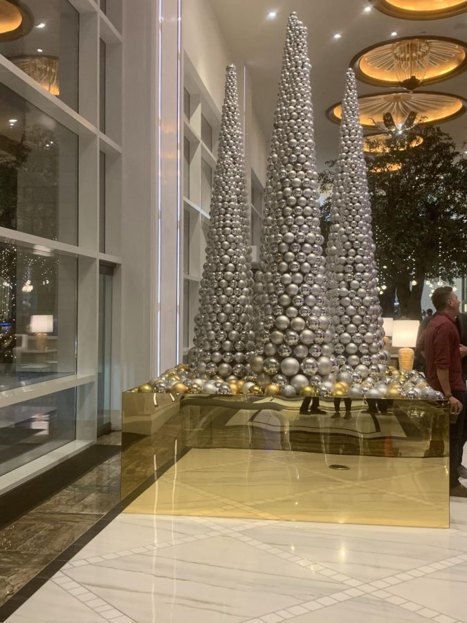 There were many places for guests to take pictures, including these towers of ornaments that resembled Christmas trees.  All the ornaments were glued carefully a month in advance to prepare for the event.