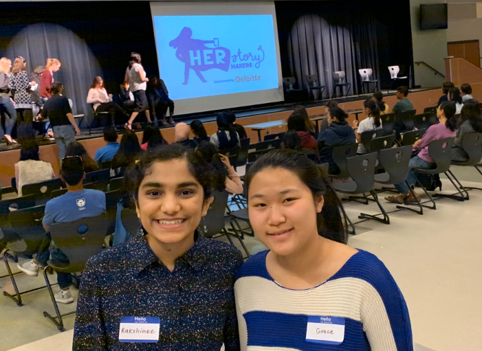 Student organizers Rakshinee Sreekanth 22 and Grace Li 22 pose for a picture at their HerStory Makers event. Photo courtesy of Ms. Lucy Sanchez on Twitter. 