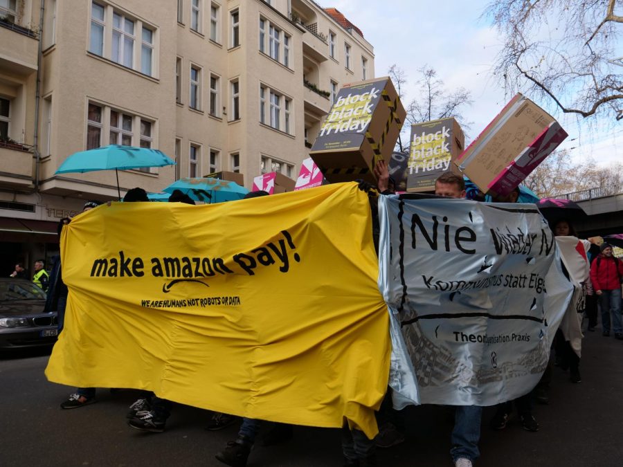 Protestors in Berlin hold a demonstration against Amazons tax policy and treatment of workers on Nov. 24, 2017. Multiple protests have been held by Amazon employees all over the world against the company.