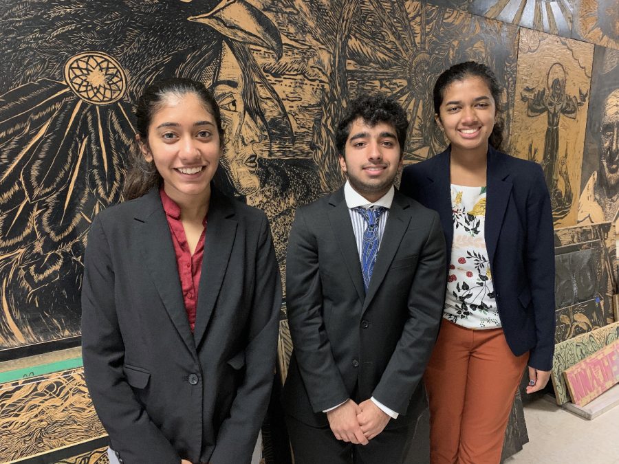 Sandali Srivastava 22, Ayan Chaudhry 21, and Sudiksha Pradhan 21 pose for a picture at the tournament. This was a different experience for the debaters as it wasnt in the local area like their usual tournaments. Photo Courtesy of Westwood Speech and Debate.
