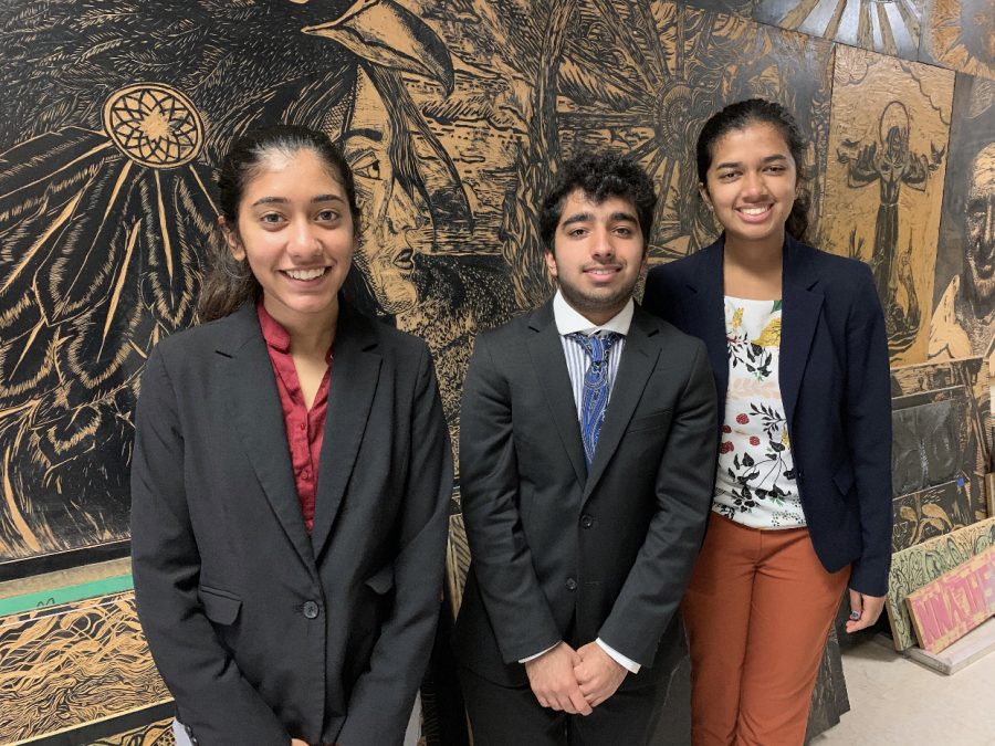 Sandali Srivastava '22, Ayan Chaudhry '21, and Sudiksha Pradhan '21 pose for a picture at the tournament. This was a different experience for the debaters as it wasn't in the local area like their usual tournaments. Photo Courtesy of Westwood Speech and Debate.