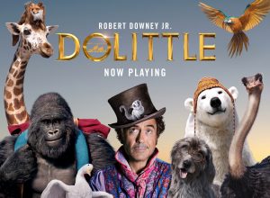 Robert Downey Jr. poses with his animal companions on the whimsical poster for the film Dolittle. Photo Courtesy of Universal Pictures.
