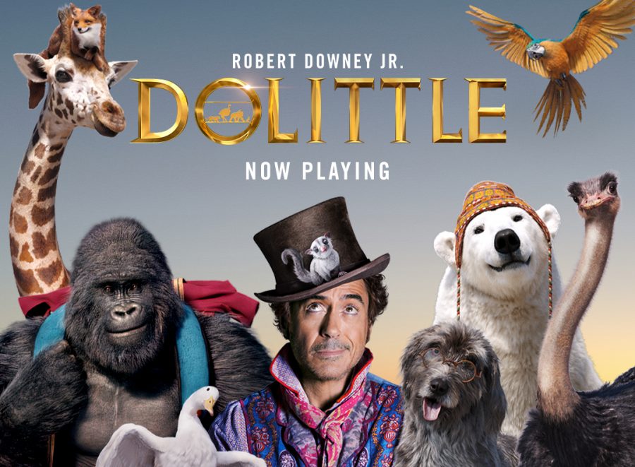Robert+Downey+Jr.+poses+with+his+animal+companions+on+the+whimsical+poster+for+the+film+Dolittle.+Photo+Courtesy+of+Universal+Pictures.