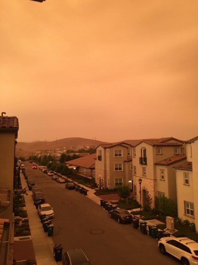 Dark and orange skies outside a balcony in San Ramon, California at 6:31 p.m. on Sept. 10.