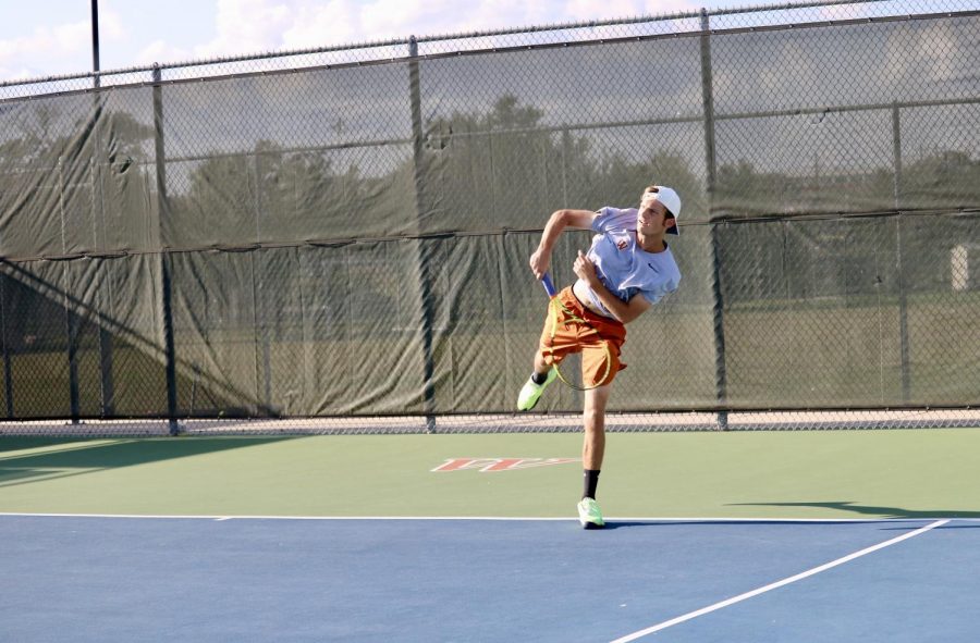 Nicolas Pesoli ‘21 follows through on his face-paced serve, pronating his racket head to achieve maximum spin. He would win the doubles match with his partner Daniel Antov ‘21 6-0, 6-1.