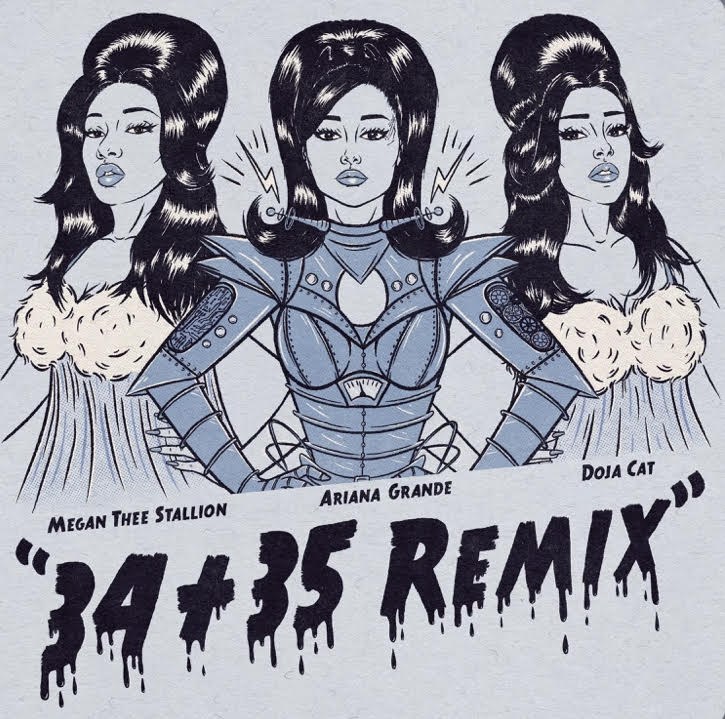 The album art for Ariana Grandes track 34+35 (Remix) featuring Doja Cat and Megan Thee Stallion as Austin Powers Fembots. Grande released the remix of her popular track on Jan. 15 along with an Austin Powers influenced lyric video. Photo courtesy of @classycreeps