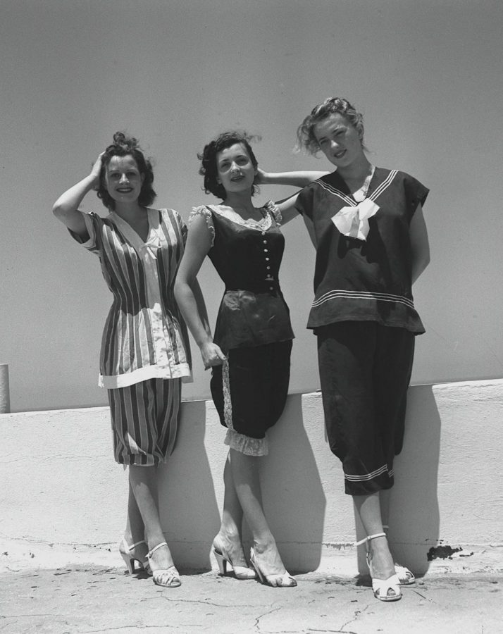 Three women pose for a beauty contest photo in Israel in the early 1950s. Photo courtesy of Hans Pinn. 