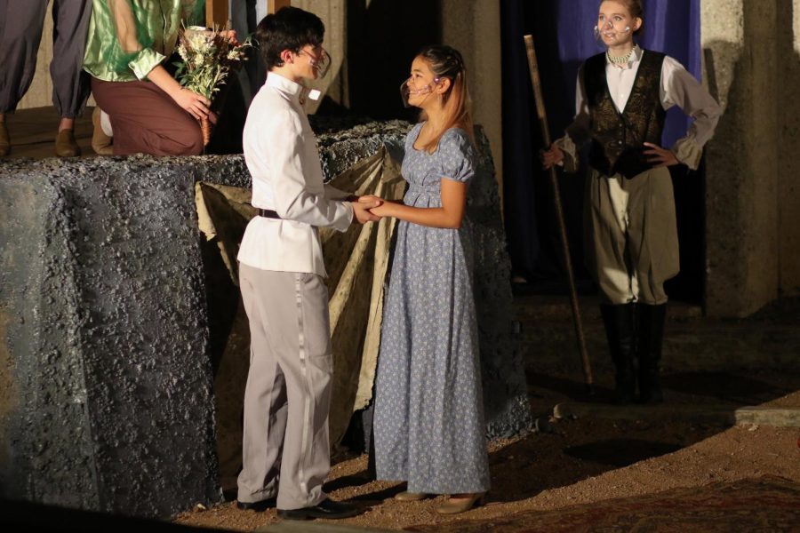 Holding hands, Miranda and Ferdinand say their wedding vows. 