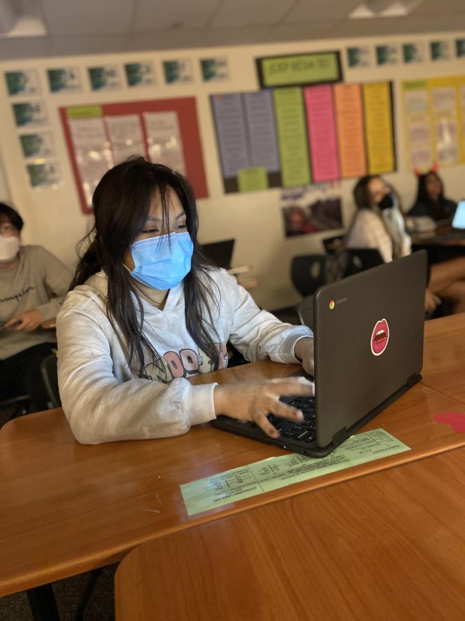 Mei Chiu 24 uses her chromebook for schoolwork. The purpose of Cybersecurity Awareness Month is to teach students how to stay safe while on the internet. 