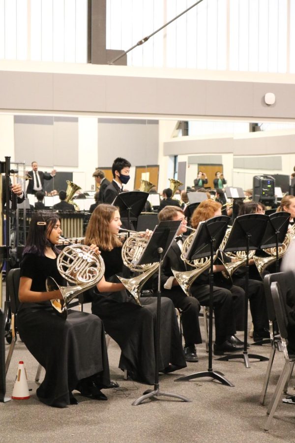 The french horn section of the Symphonic Band focuses intently on their music as they perform for family and friends. The concert gave them a way to practice with an audience before a UIL evaluation. 