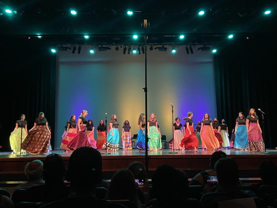 In beautiful colors, and Indian dress, the women of Westwood Choirs performed a cultural song, Barso Re for their audience. This performance was contrasting to the rest of the show and definitely a stand out piece. 