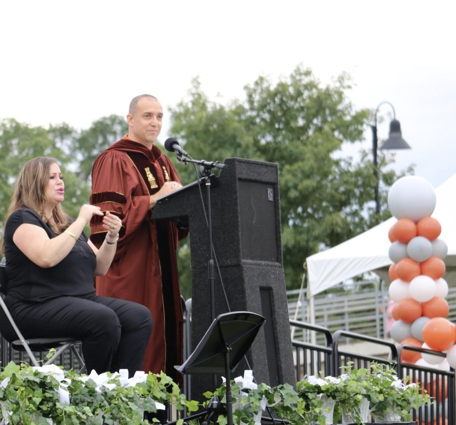Speaking to the crowd, Principal Dr. Mario Acosta addresses the 2021 graduates on their graduation day in May 2021. The principal will speak at one more graduation ceremony on Tuesday, May 24 before he leaves Westwood.