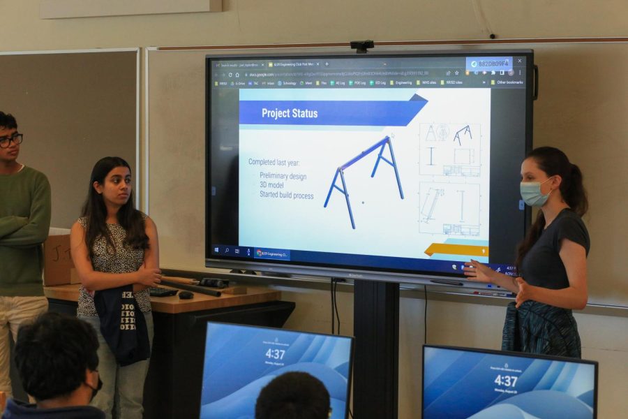 Presenting their build project to the members of the Engineering Club, Club President Manika Aggarwal 23 and Build Lead Valentina Larina 23 start off their new year presentation. This year we are trying to work on more female involvement, and more involvement from everyone in general, Aggarwal said, so we have a lot of different types of engineering.