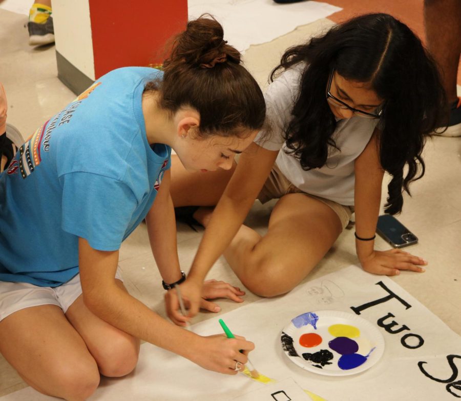 Working together to paint the viola section poster, freshmen Magnolia Hance and Rachana Akkineni chat amongst themselves, getting to know each other in the process. Interactions between different sections were also facilitated in the form of friendly competition. 
