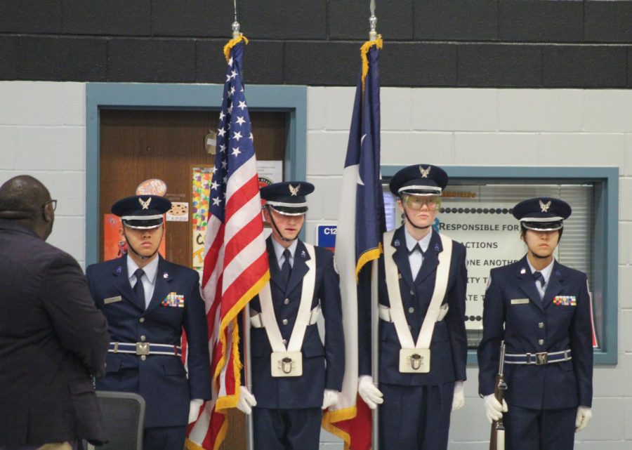 Westwoods JROTC presents the colors at the ceremony. The JROTC also presents the colors at sports games and various school events.