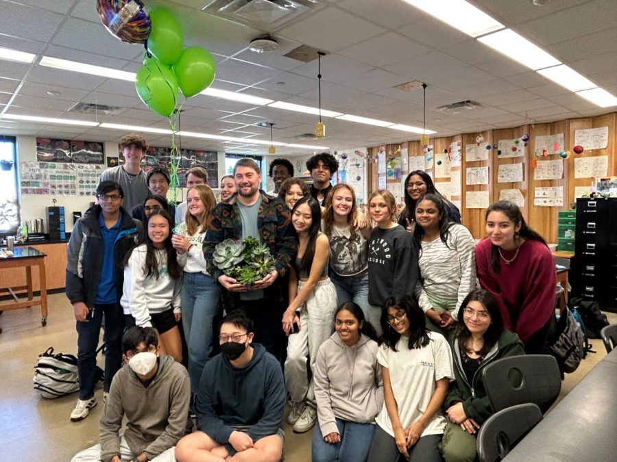 Smiling, Mr. Scheiber poses with his IB Sports Exercise & Health Science class after he was announced as the 2023 Teacher of the Year.