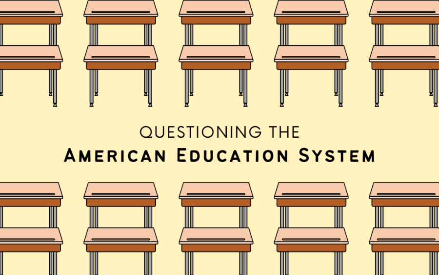 Rows of desks signify the rigid structure of the American education system, which is supposedly outdated by 200 years. The main drawbacks of the current system are its inability to effectively teach relevant information.