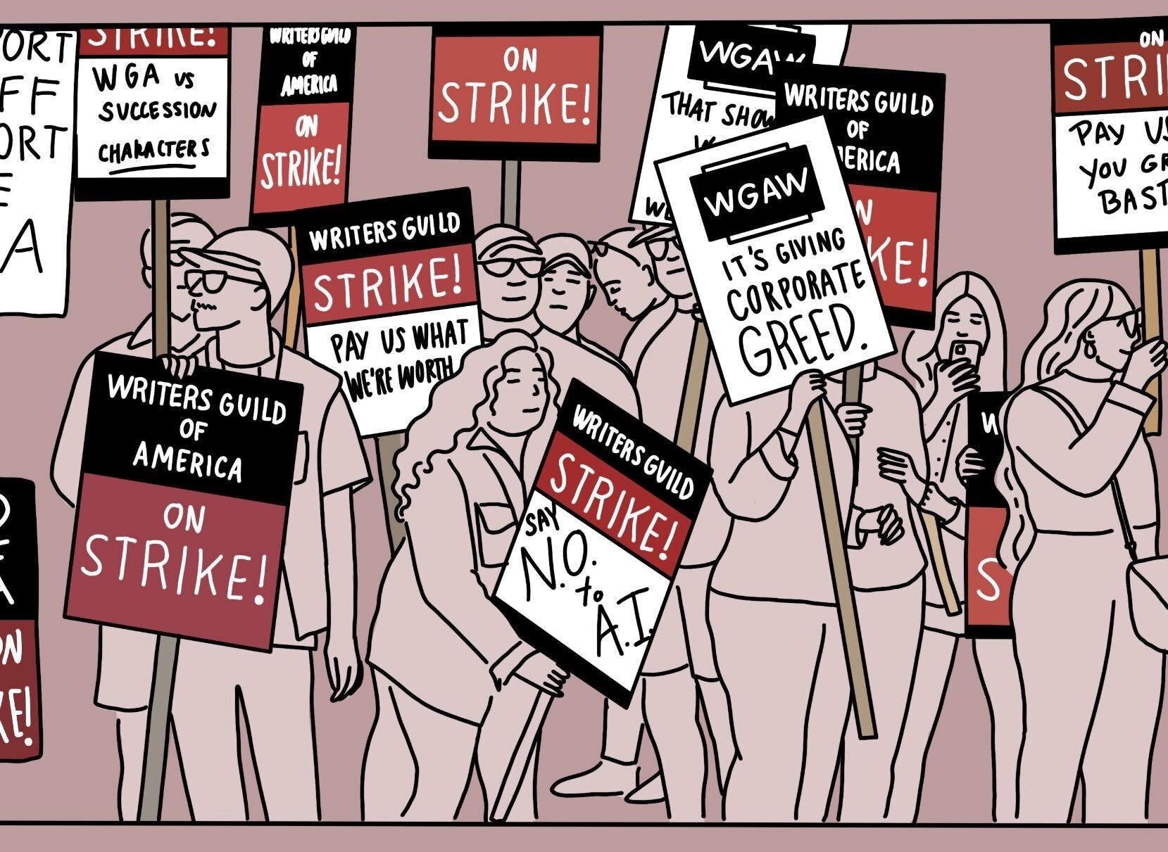 Raising their red, white, and black signs, WGA strikers gather in protest. The union has been on strike since July, advocating for better pay and improved regulations on AI.