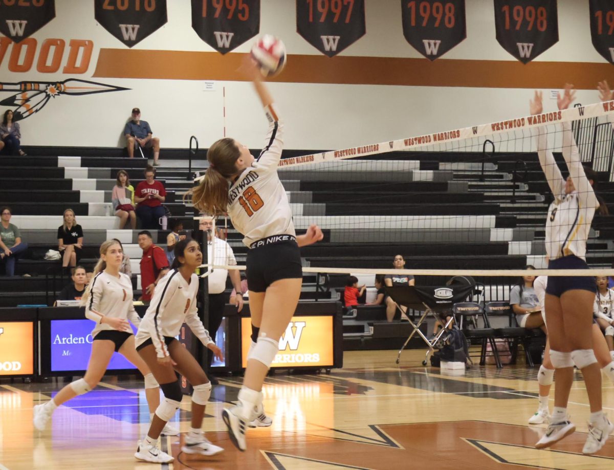 Lila Wellington 27 hits the ball over the net during the second set. The Warriors were down and doing everything they could to keep the score from getting away from them more. 