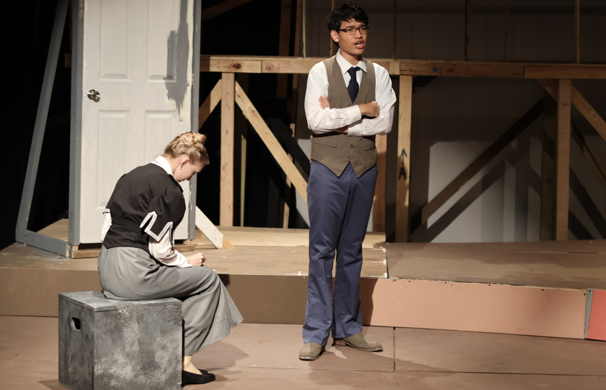 Under the spotlight, Kaya Chen ‘25 recounts real testimony given by Samuel Bernstein, the superintendent and manager of the factory. The majority of the lines in the play were taken directly from witness statements and testimonies from the trial of factory owners Max Blanck and Isaac Harris.

