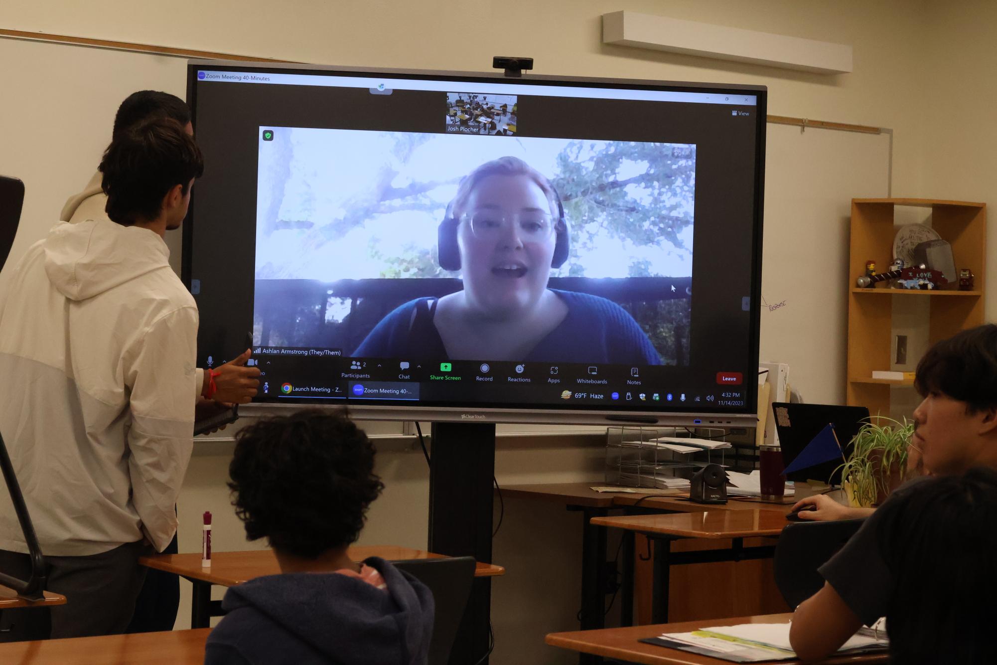 Through a Zoom call, Ashlan Armstrong joins Neurodiversity and Neuroscience Clubs meeting. Ms. Armstrong, who works at Greenleaf Neurodiversity Community Center, attended the meeting to educate students about neurodivergent individuals.