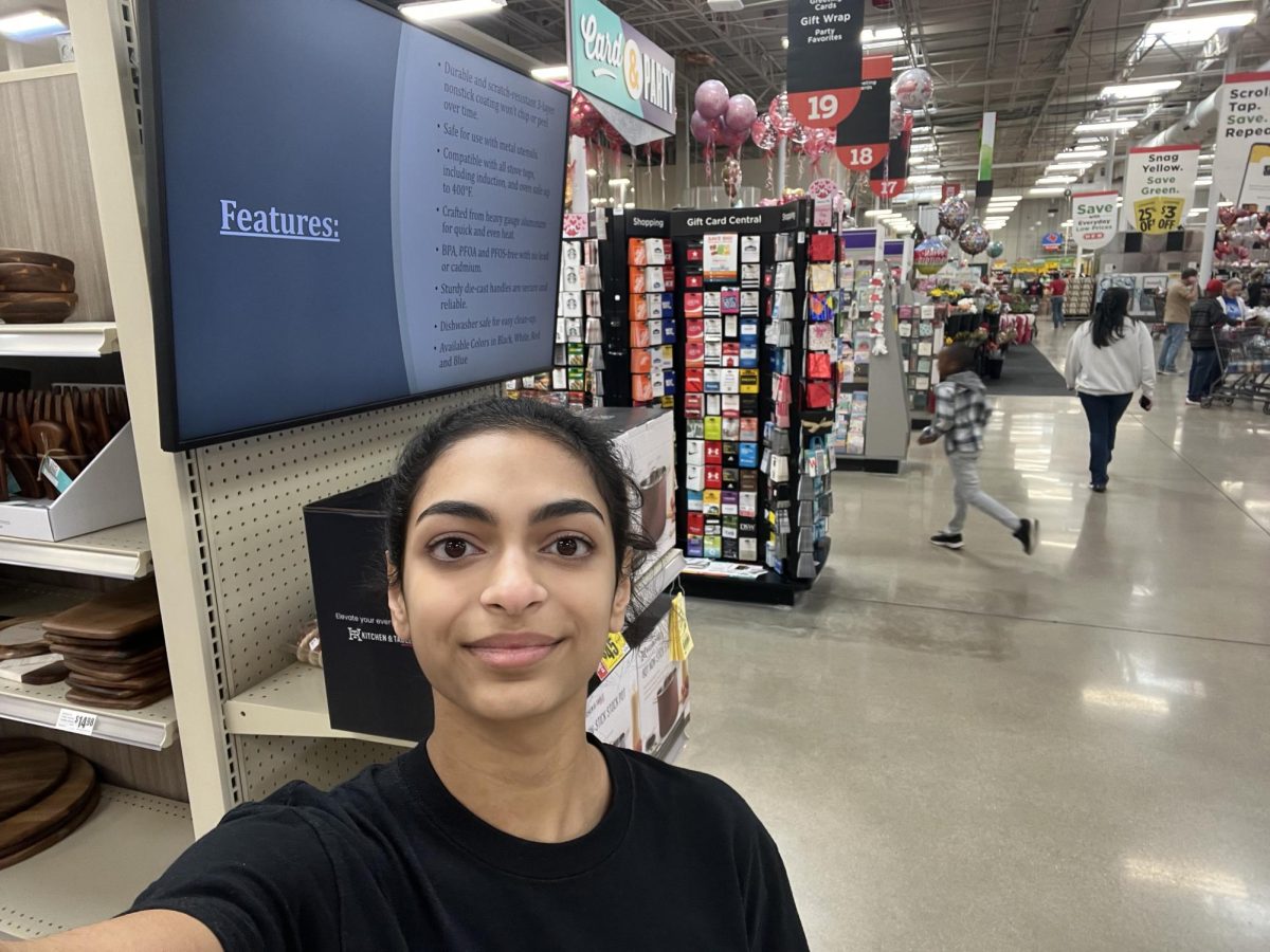 Among the aisles of HEB, Ishira Limaye 25 poses for a selfie. For an assignment in TAG AP Language, Mr. Chalks students went to the grocery store alone as a real-life application of topics discussed in their current reading, The Merchant of Venice by William Shakespeare. 