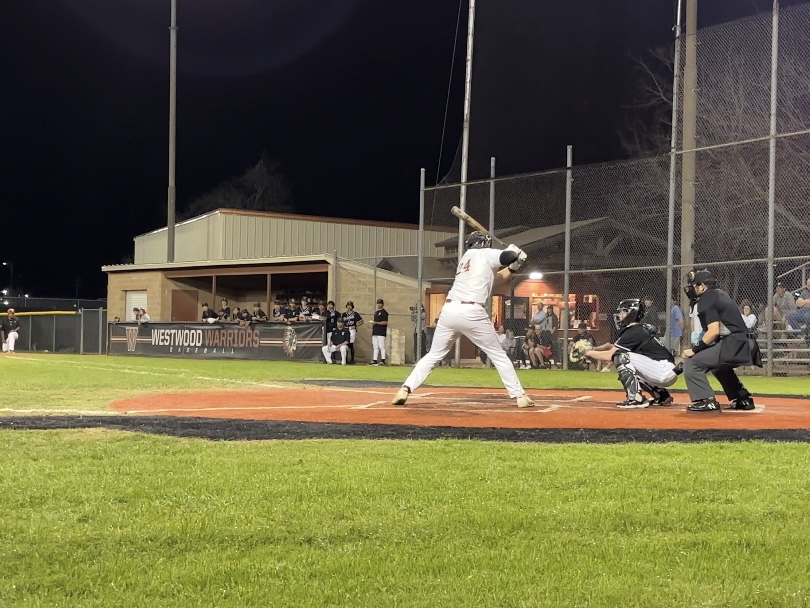 Prepared to step into his swing, Jacob Wright 25 faces the Vandegrift pitcher in the first game of the season. Wright was up to bat in the bottom half of the sixth inning but ended up striking out. 