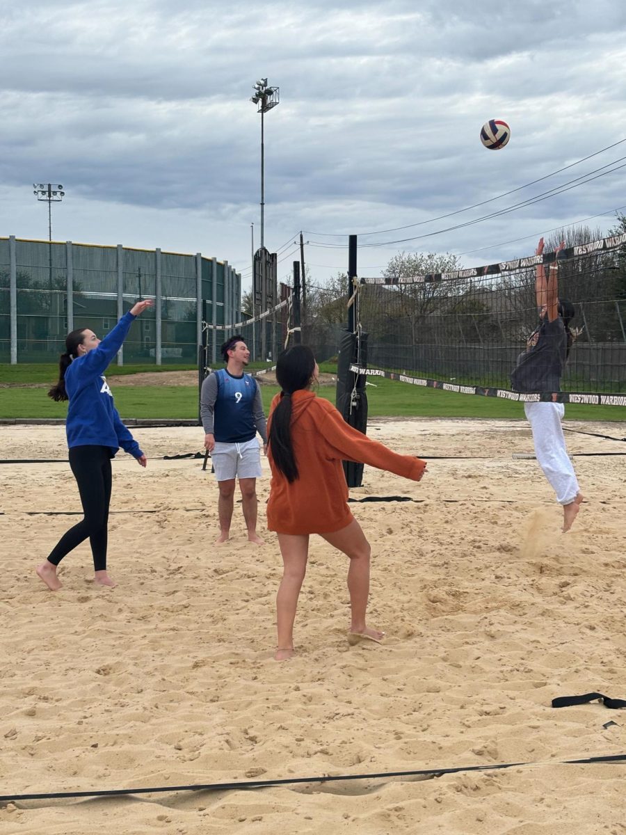 Setting a volleyball, Mia Massey 25 plays Queen of the Court with Beach Volleyball Club. Since it was founded, Beach Volleyball Club has met consistently on Wednesdays after school.
