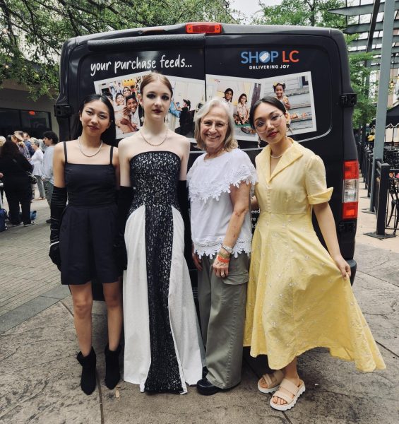In their full runway outfits, (from left) Audrey Lee 25, Olivia Lucy Teets, 25, Fashion Design teacher Ms. Judy Chance, and Xueying Lili Yang pose for a photo. All three girls made it to Austin Fashion Week by getting in the top 10 in a previous runway show held by Shop LC.
[I like my students] creativity and how they can look at a fabric and make it their own, Ms. Chance said.