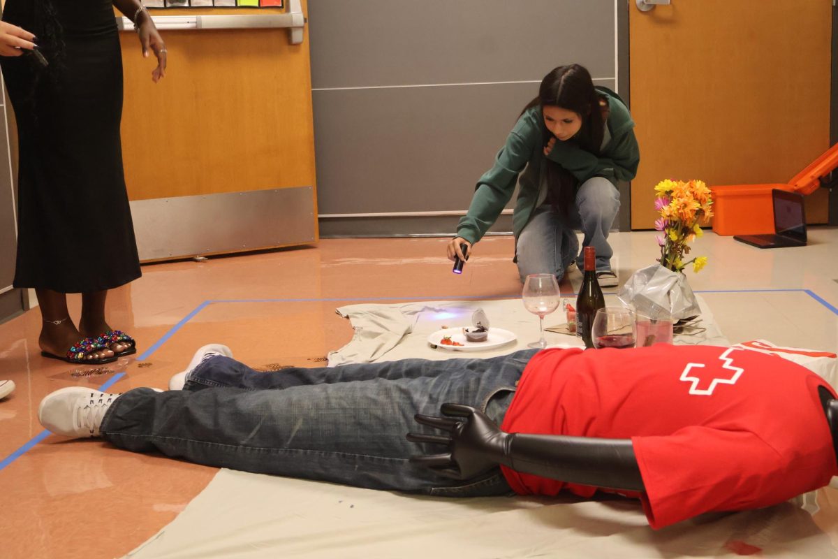 Studying the crime scene with a blue light, Maya Geist '26 checks the picnic blanket for any marks that could lead to the cracking of the mock crime. The mock crime scene assignment was an interactive way to introduce students to the realm of forensic science. 