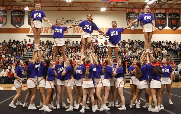 As one of the most complicated stunts they perform, the Cheerleading team stacks on top of one another forming a pyramid with a Westwood ‘W’. “The pyramid was challenging because we had to put a lot of faith in each other to be able to throw Audri Moreno ‘27 high enough so she wouldn't hit Mia Zell ‘28 while flying over,” Cheerleader Jenna Hallidy ‘25 said. Although this new advanced routine heavily challenged the cheerleaders, they persevered to make the Pep Rally a success.