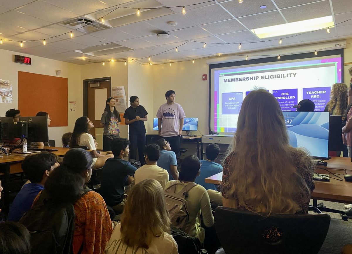 Summarizing the crux of their club's mission, NTHS Officers Arjun Bhardwaj '25, Nandini Somarapu '25, and Natalie Maytesyan '25 stand together at the club's first meeting. Their enthusiasm and CTE backgrounds serve as a precursor for an eventful year of career preparation for NTHS members.