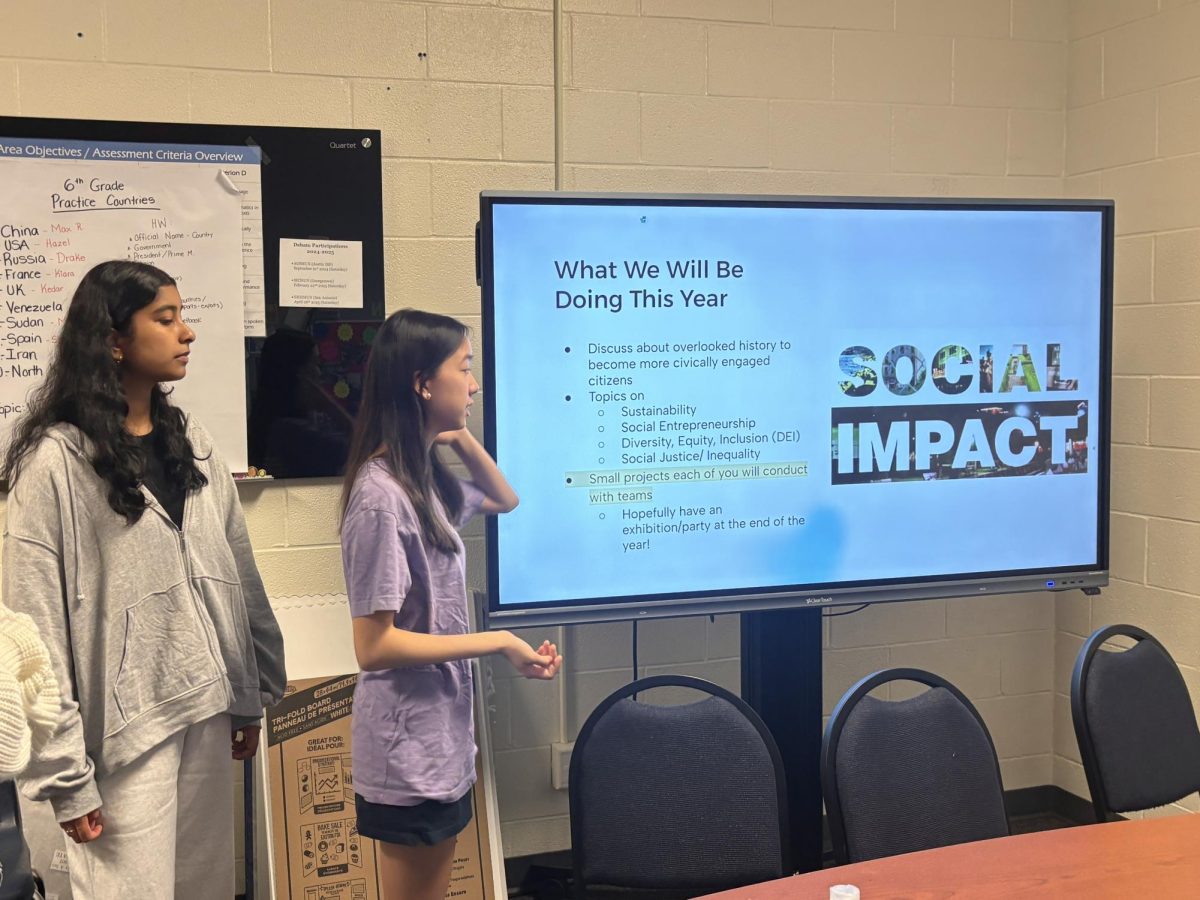 Highlighting important information, SIA President Karen Chen '26 and Secretary Nikita Maralla '26 explains the upcoming events and projects for the year. The SIA club will be visiting Grisham Middle School bi-weekly to hold meetings with middle school students.