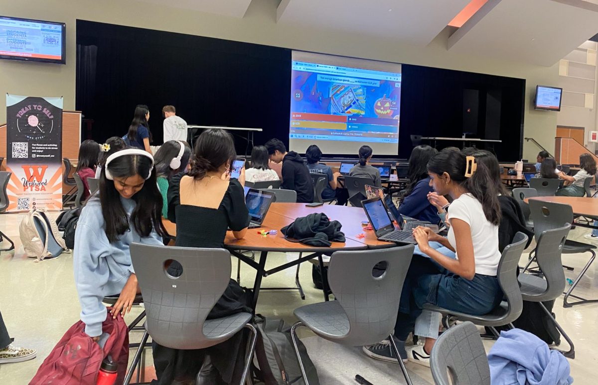 Intently focusing on their screens, juniors Sanjana Aslesh, Avery Chen, Samhita Guntakala, and Sravya Akella participate in the Halloween-themed Kahoot trivia game. 
The event was organized by PTSA's Treat Yo' Self Club in an effort to provide students with a break from the rigor of academic life. 